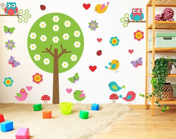 Nursery Tree Vinyl Wall Decal - Large Decor Bird Owl Boy Girl Kid Baby Art Set Sticker - Colorful Butterfly Room Nature Playroom Big Mural